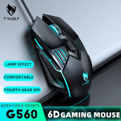 T-WOLF G560 souris de jeu rétro-éclairage coloré lumineux LED RGB